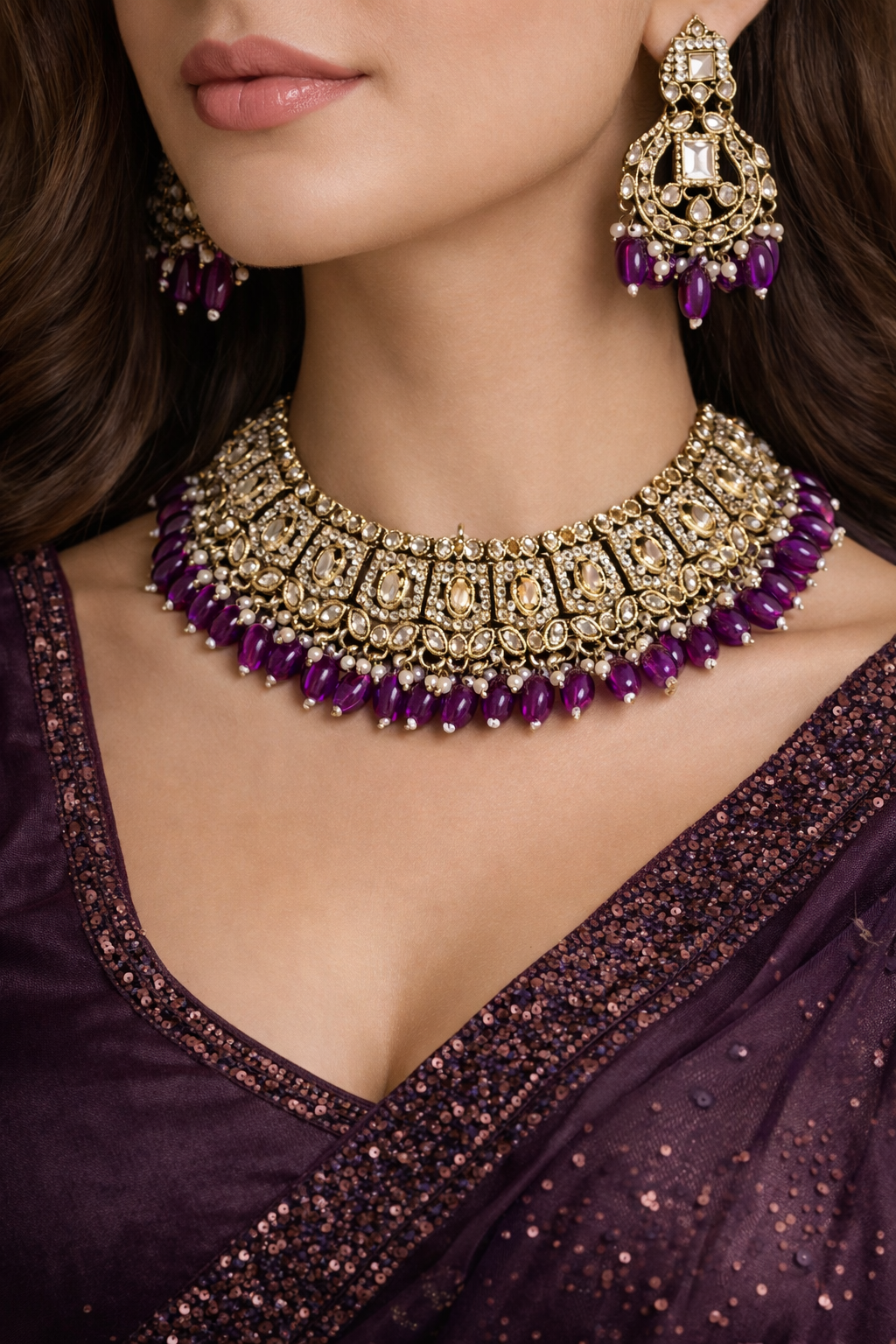 Majestic Purple Stone Kundan Set