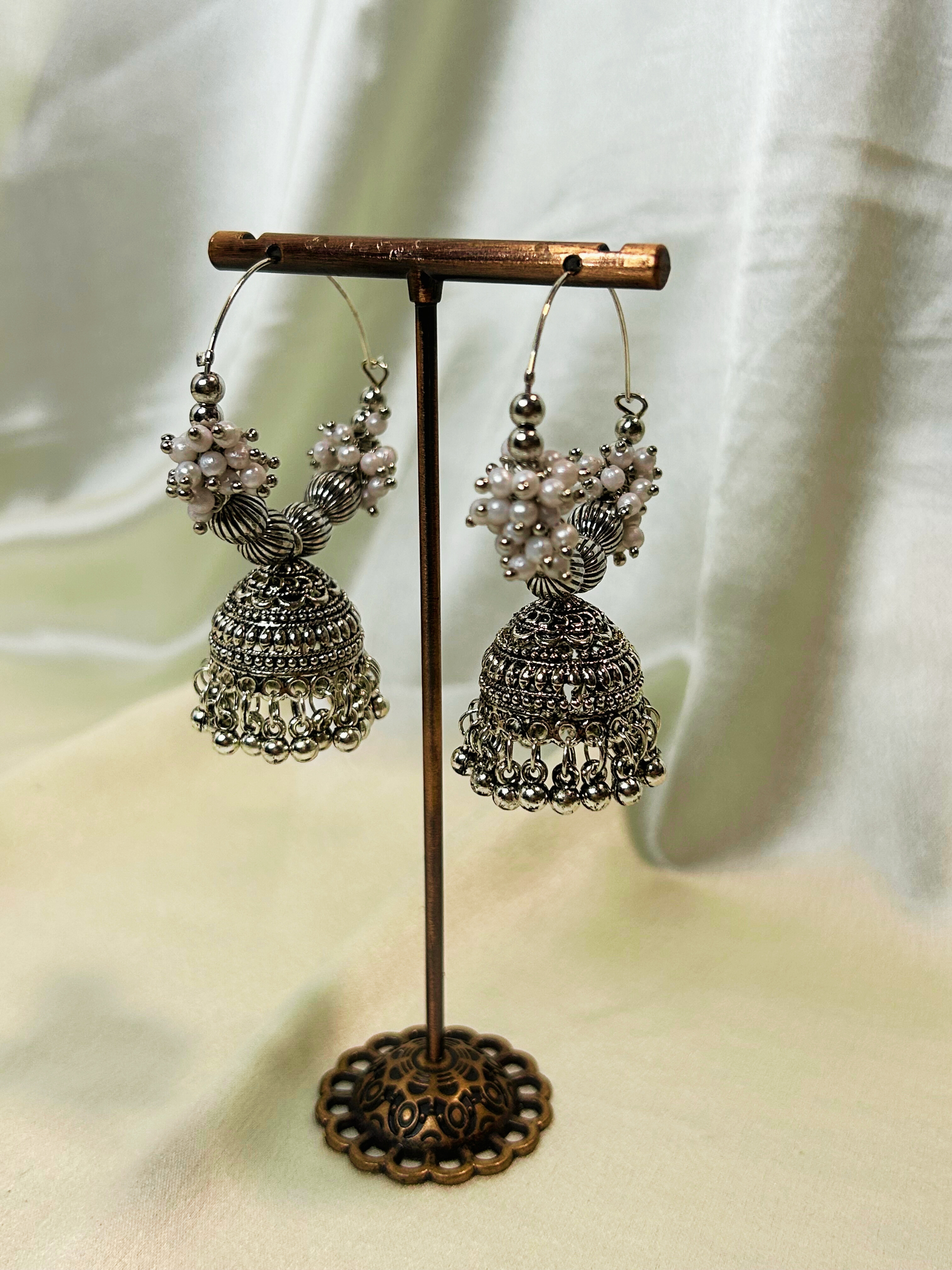 Silver Pearl Hoop Jhumka Earrings