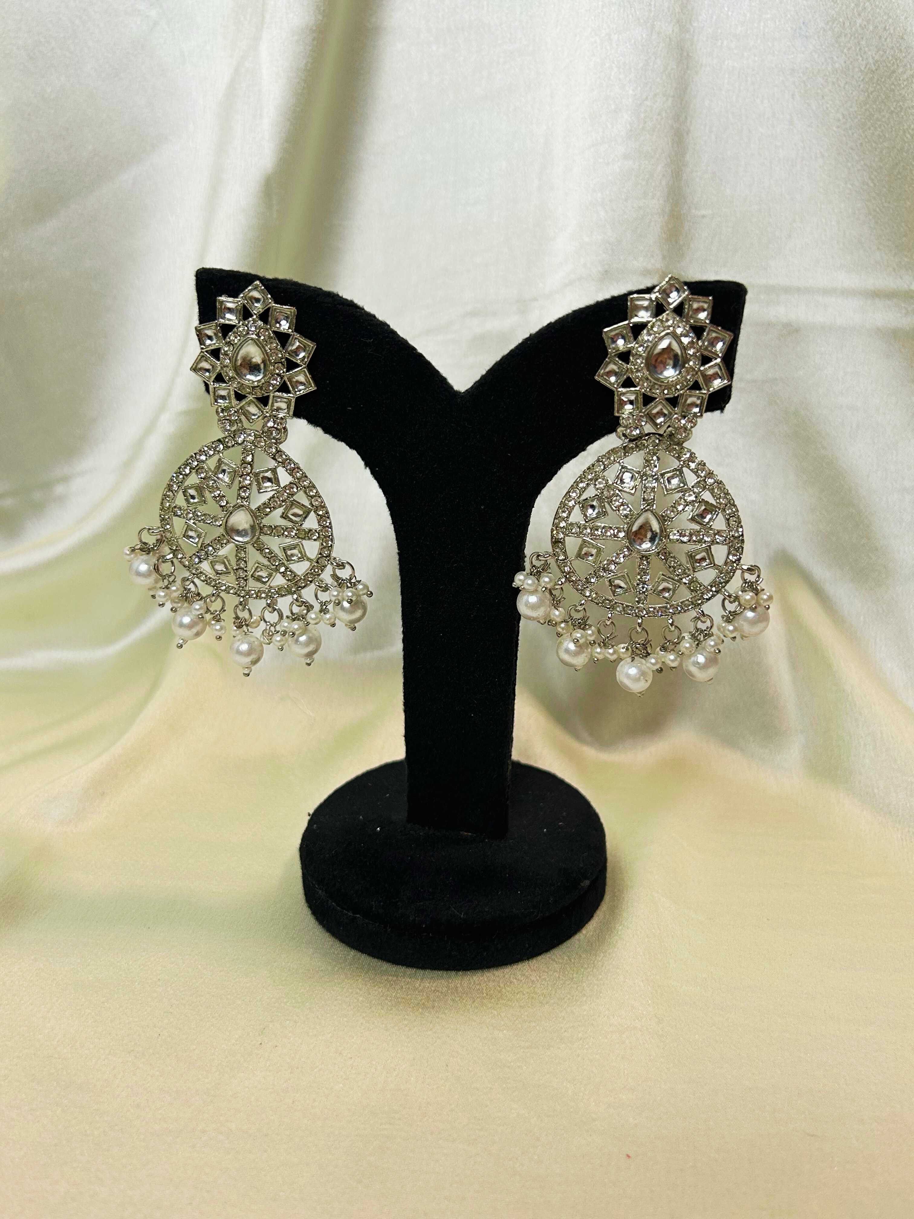 Silver Polki Stone Chandbali Earrings