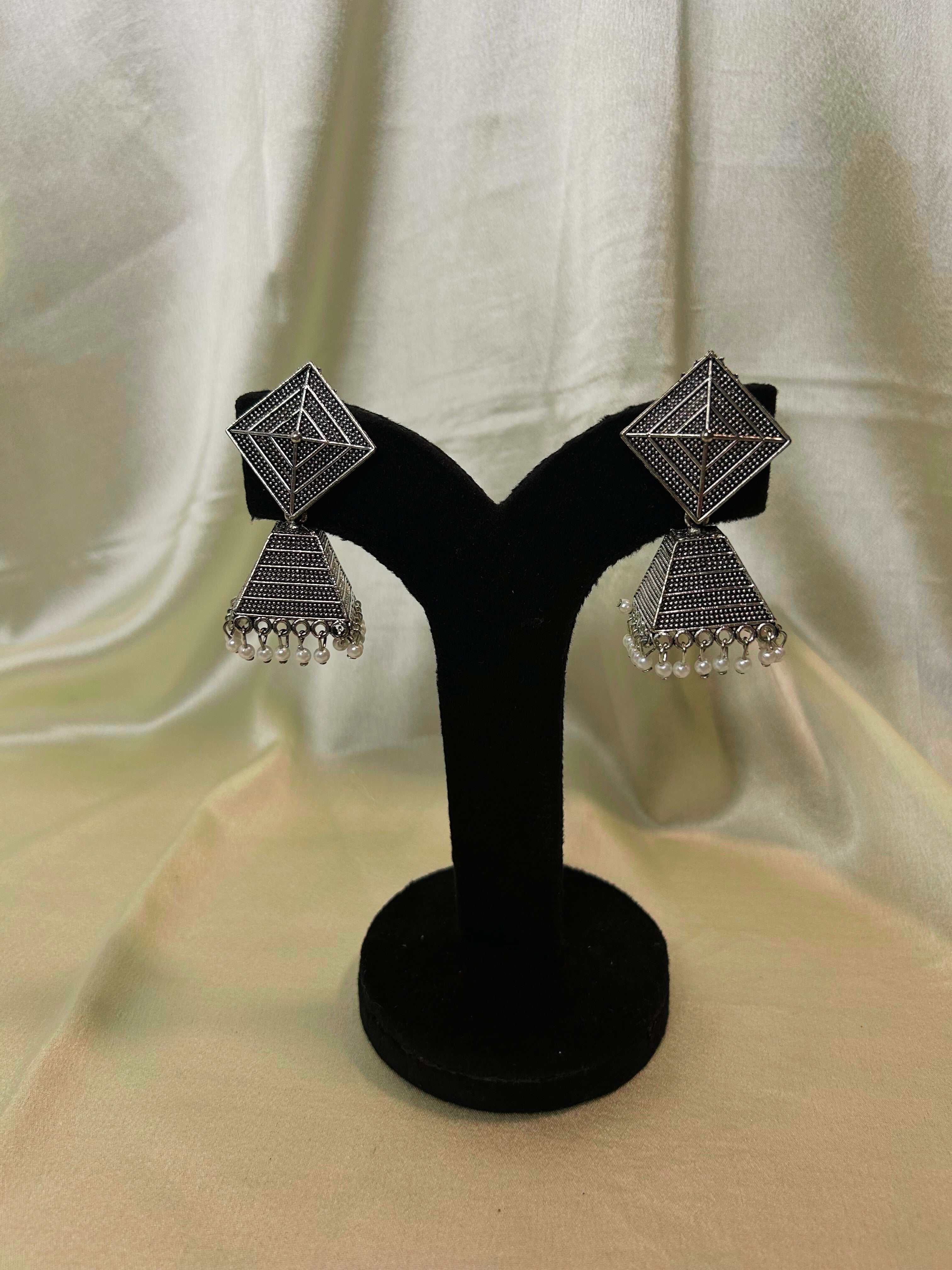 Vintage Geometric Oxidised Jhumka Earrings